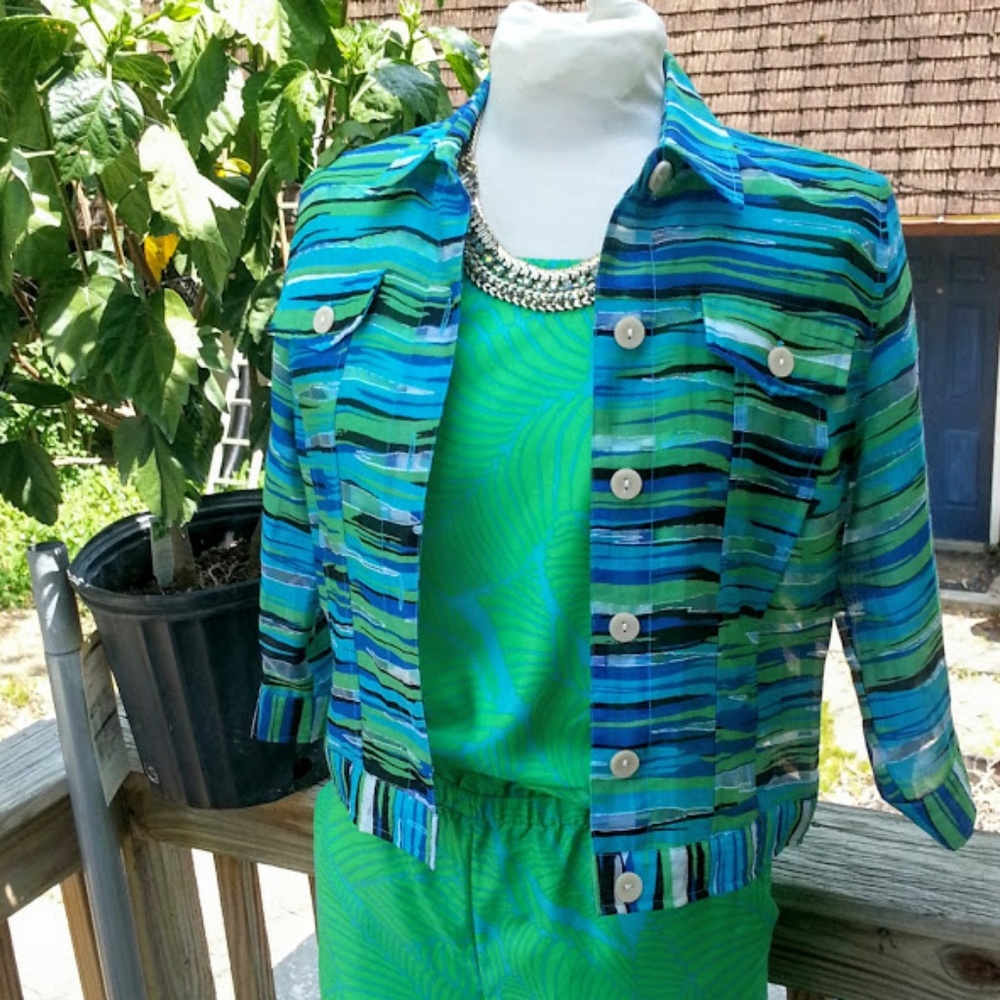 Linear lightweight jean-jacket-style teal/blue/green/black/sheer jacket szPS
